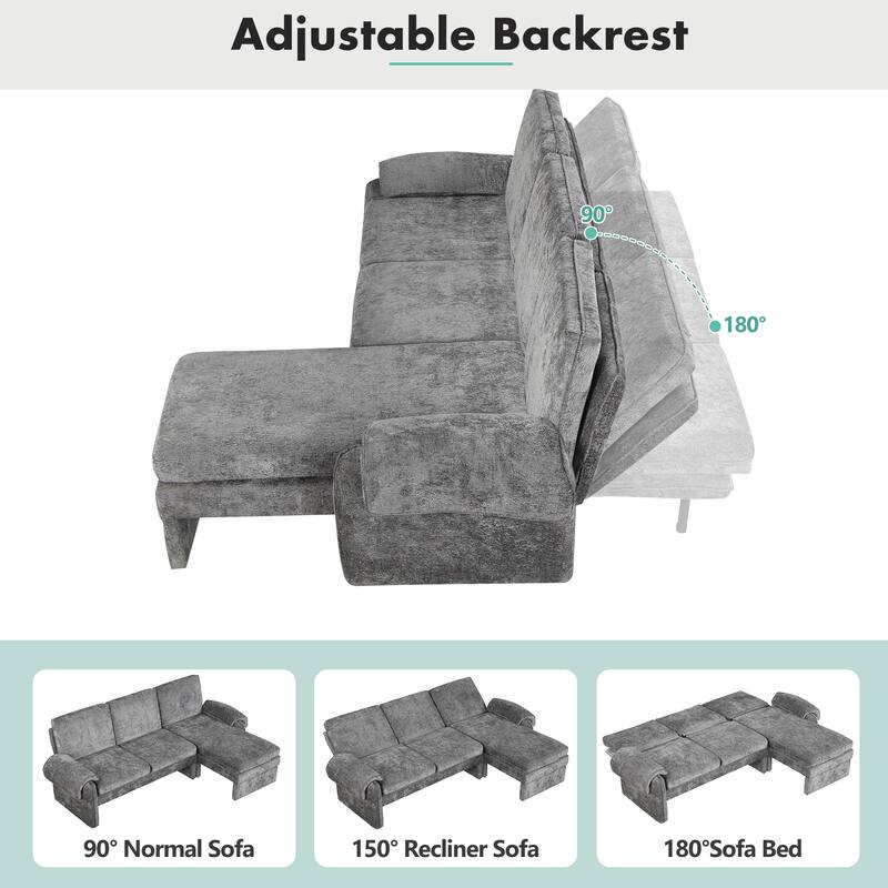 Modern L Shaped Sofa Bed with Adjustable Backrest and Reversible Chaise and High Legs for Small Space Living Room