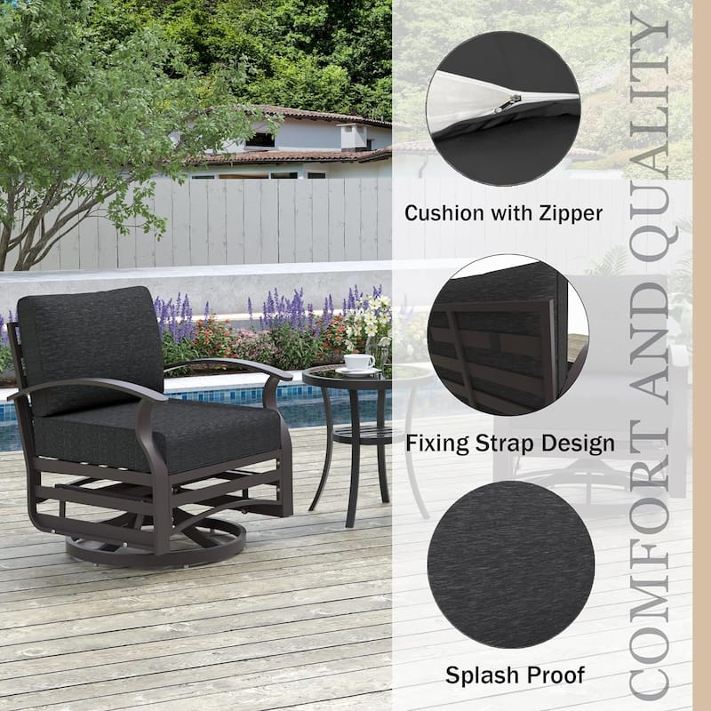Kullavik 3Pcs Aluminum Rocking Chair Swivel Chairs Set with Glass Top Table & 5" Thick Cushion