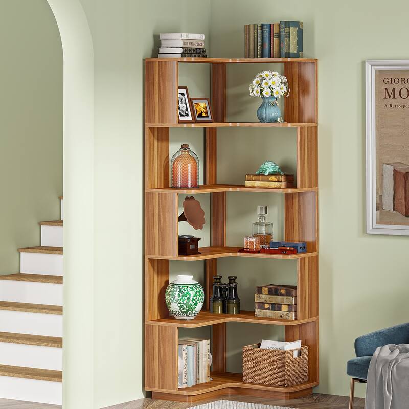 6-Tier Corner Book Shelf, 64.9"Tall Freestanding Wood Industrial Bookcase Bookshelf