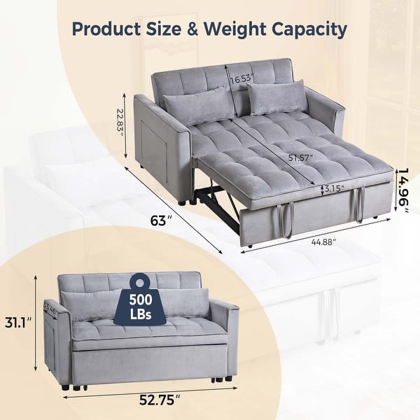 dimension image slide 2 of 3, 3 in 1 Velvet Sofa Bed with Adjustable Backrest
