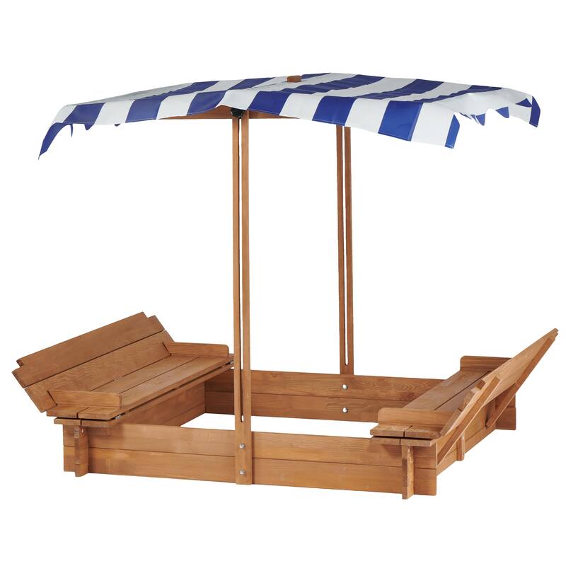 Kids Sandbox with Adjustable Cover, 46" Wooden Sand Box with 2 Foldable Bench Seats, Outdoor Sandpit for Backyard Play
