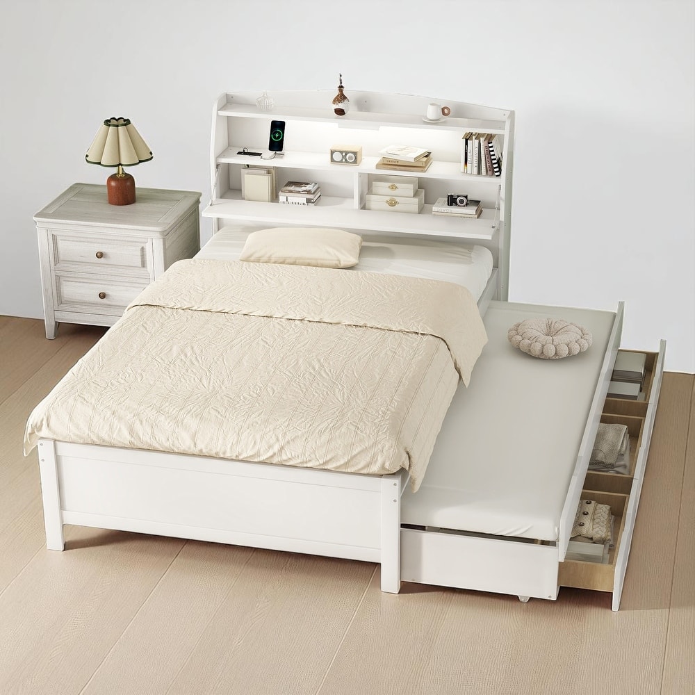 Wooden Twin/Full Platform Bed with Trundle, Flip-Up Headboard Storage, LED & USB Ports, Drawers