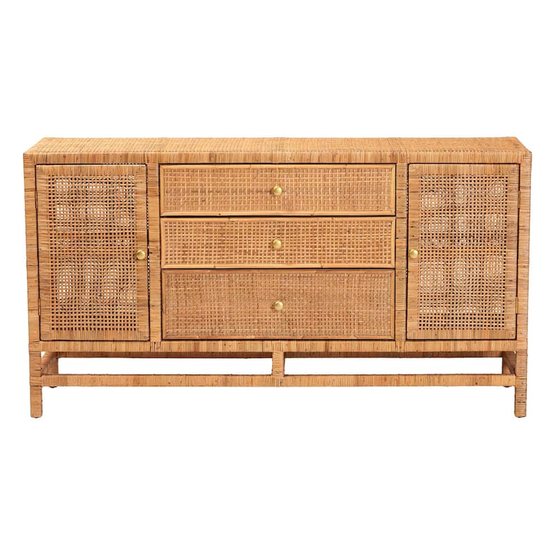 Vivan Bohemian Honey Rattan and Mahogany Wood 3-Drawer Storage Cabinet