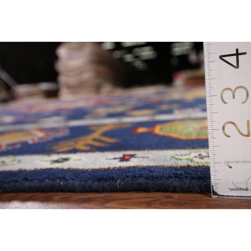 Navy Blue Geometric Kazak Oriental Area Rug Handmade Wool Carpet - 8'8" x 11'11"