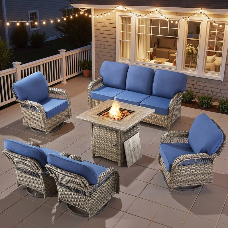 Pocassy Outdoor Sofa Ottoman Swivel Chair Table with Fire Table Set. - Gray Wicker Blue Cushion - 6-Piece Sofa Swivel Chair w/ Fie Pit Table