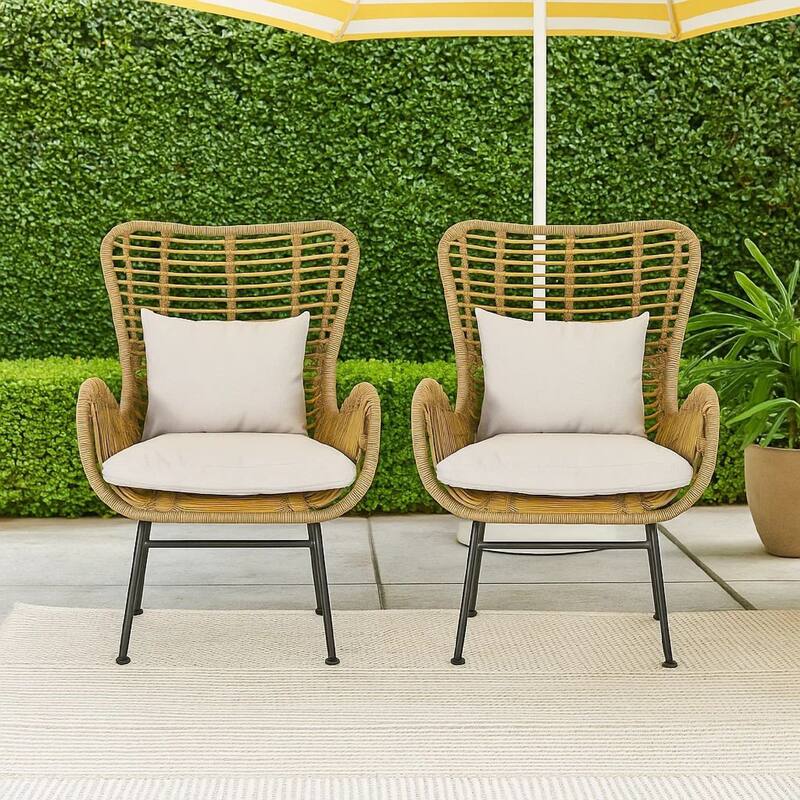 Margo Outdoor Accent Chair, Brown Woven Rattan, Beige, Black Metal