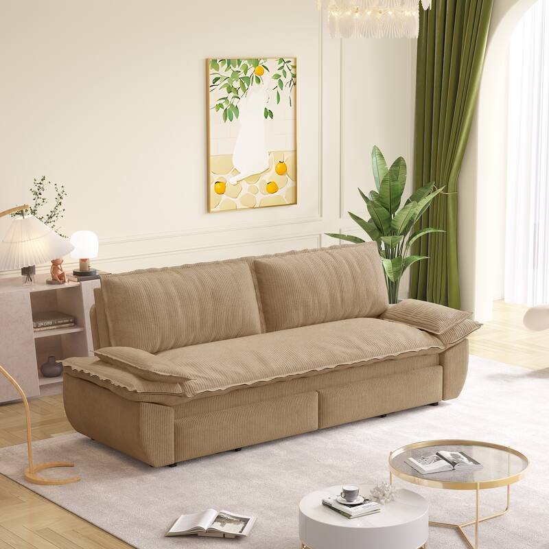 73.2" Queen Pull Out Sofa Bed, 3-in-1 Convertible Sleeper Sofa, Multi-Functional Corduroy Loveseat Bed - Camel