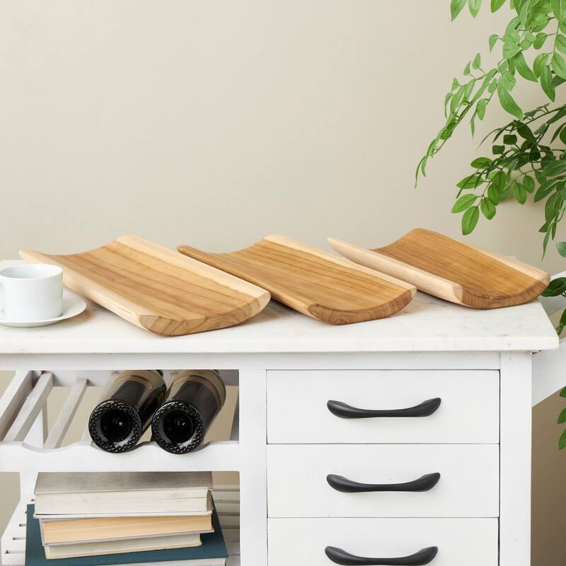 Brown Teak Wood Handmade Minimalistic Curved Living Room Decor Tray (Set of 3) - Brown
