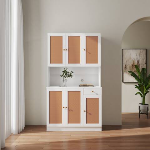 Rustic Farmhouse Tall Wardrobe, Open Compartment and Drawer, Freestanding Storage Closet Wardrobe Cabinet, White