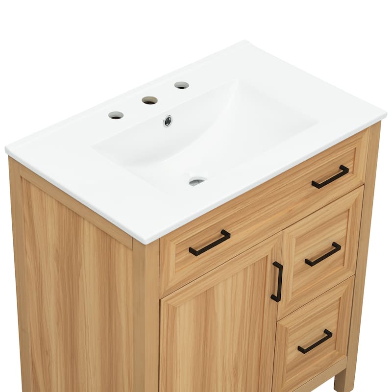 30" Wood Bathroom Vanity with Solid Wood Frame - 1 Soft-Close Door, 2 Soft-Close Drawers, Adjustable Shelf(Sink Not Included)