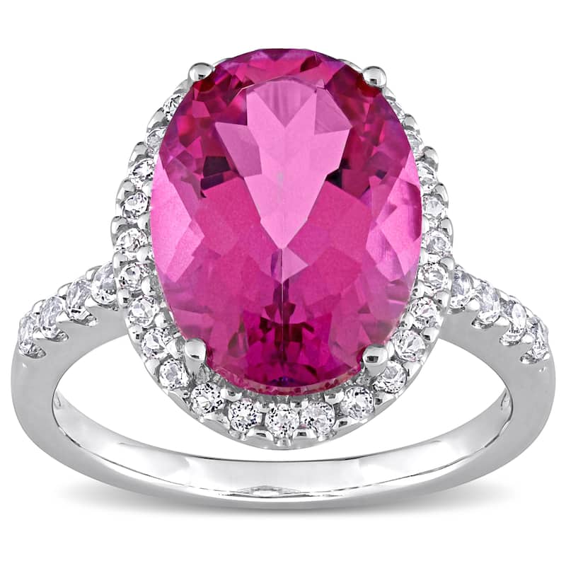 Miadora Oval-cut Pink and White Topaz Halo Cocktail Ring in 14k White Gold