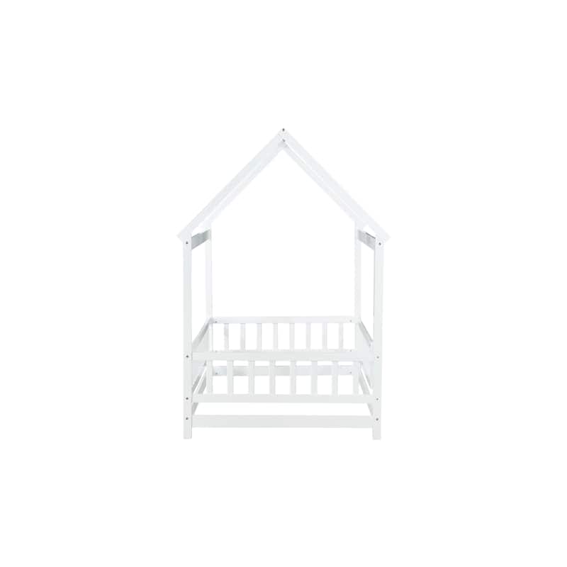 Twin Size Wooden House Floor Bed with Roof Frame, Safety Guardrails, Natural