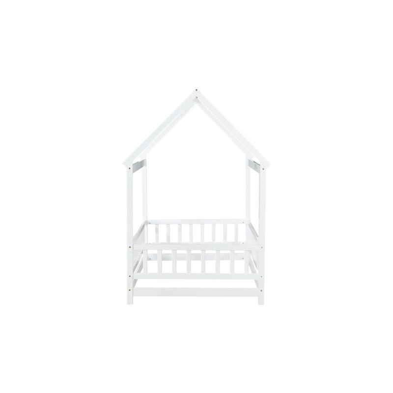 Twin Size Wooden House Floor Bed with Roof Frame and Safety Guardrails