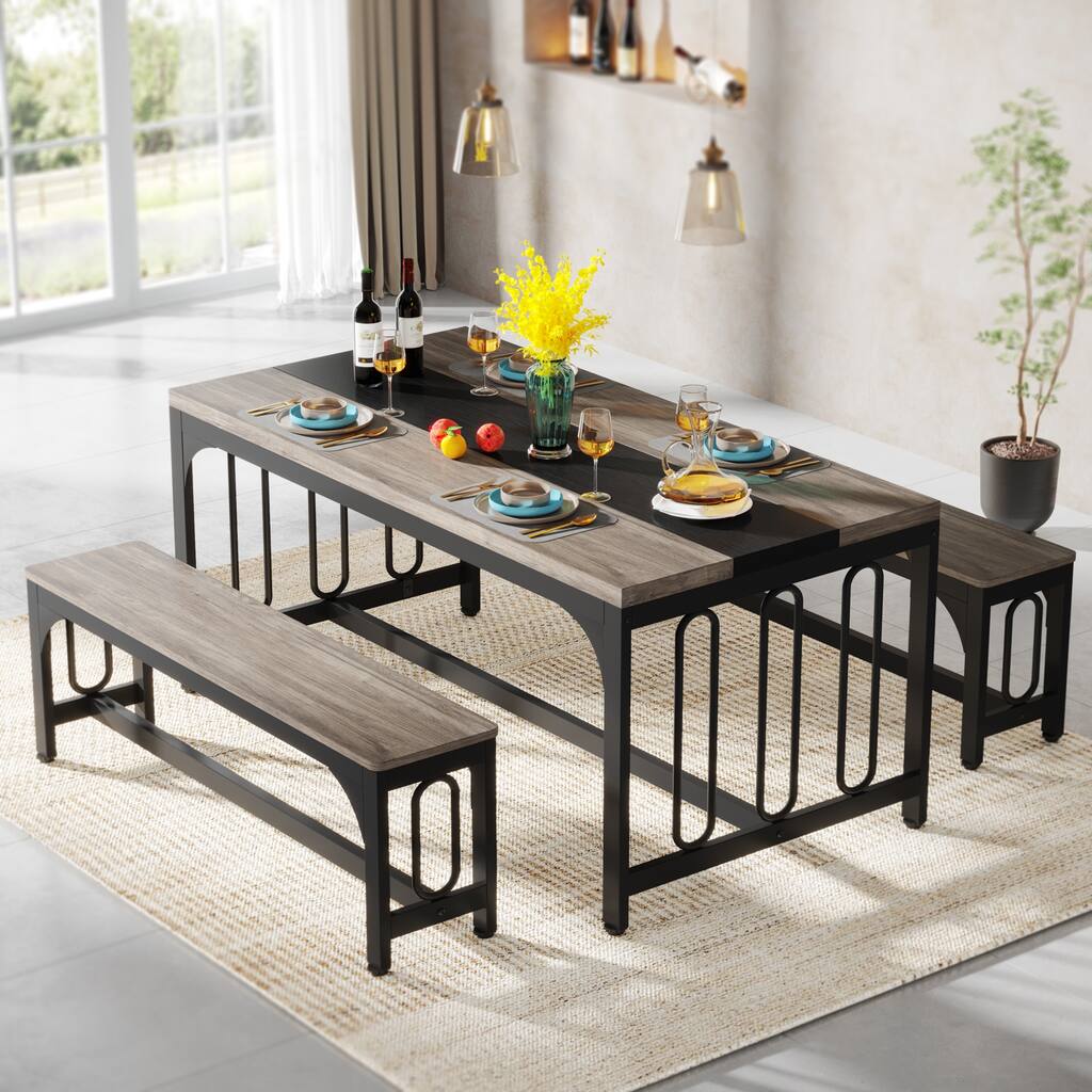 55" Dinning Room Table Set for 4-6, Farmhouse 3-Piece Kitchen Table with 2 Benches,Breakfast Nook Bench Kitchen Nook Table Set
