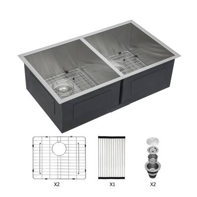 Modern Brushed Nickel Undermount Double Bowl Gauge Kitchen Sink - 33-in L x 19-in W x 9-in H