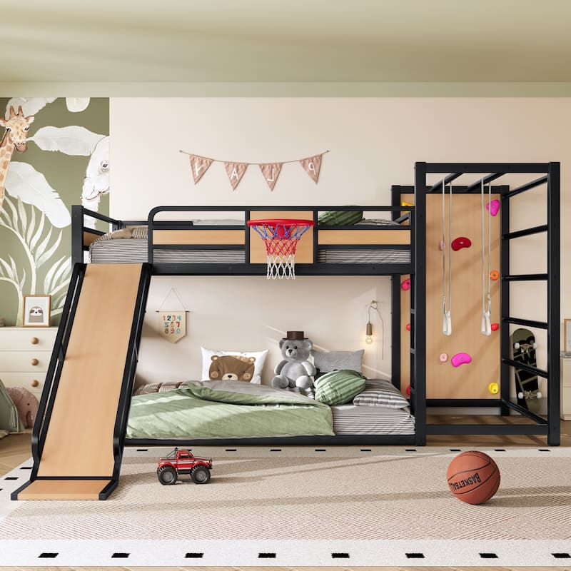 Full/Twin Metal Loft Bed with Basketball Hoop, Climbing Wall & Slide - Yellow - Full