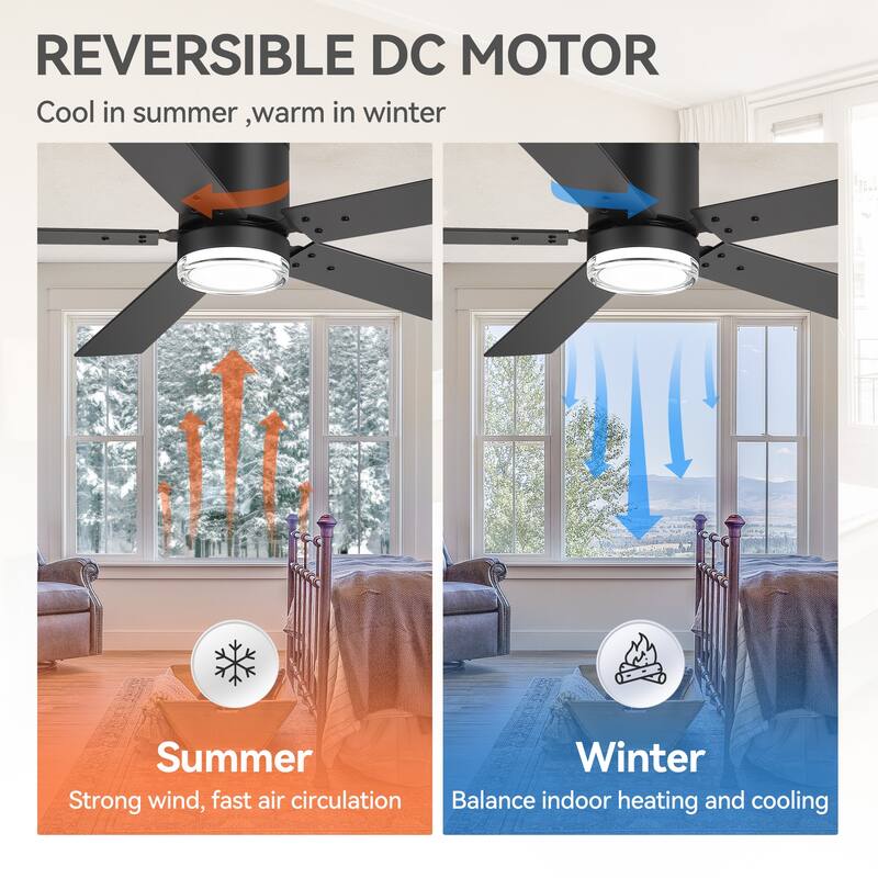 52" Reversible 5-Blade Flush Mount Ceiling Fan with LED Light and Remote