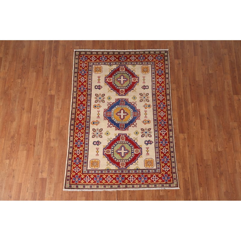 Geometric Kazak Area Rug Handmade Traditional Beige Wool Carpet - 4'0" x 5'10"