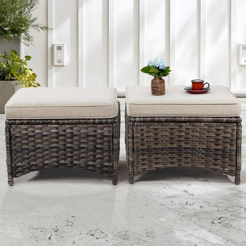 Cozywor 2-Piece Wicker Outdoor Patio Ottoman Set with Cushions