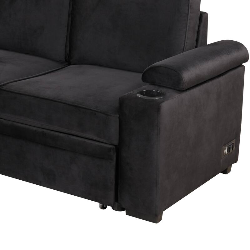 84.75" 2-in-1 Pull Out L Shape Velvet Sleeper Sofa Bed with Storage Ottoman, Black, for Living Spaces