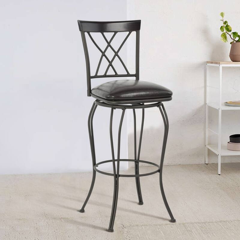 Set of 2 Black Swivel Counter Stools with Faux Leather Cushion and Steel Frame for Dining Room