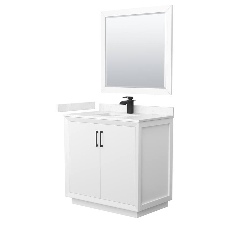 Strada 36-Inch Single Vanity Set, Cultured Marble Top, 34-Inch Mirror - White, Black Trim, Carrara Cultured Marble Top
