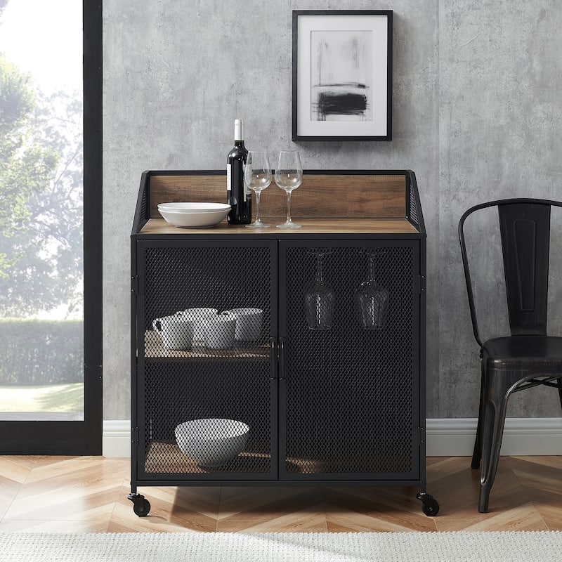 Walker Edison Pierpont Industrial Mesh Bar Cabinet - Rustic Oak