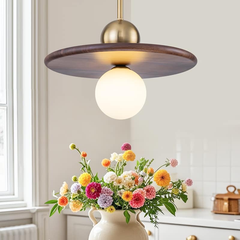 Modern Walnut Flying Saucer Pendant Light for Kitchen Island Lighting - Dia.12-in - Dia.12-in