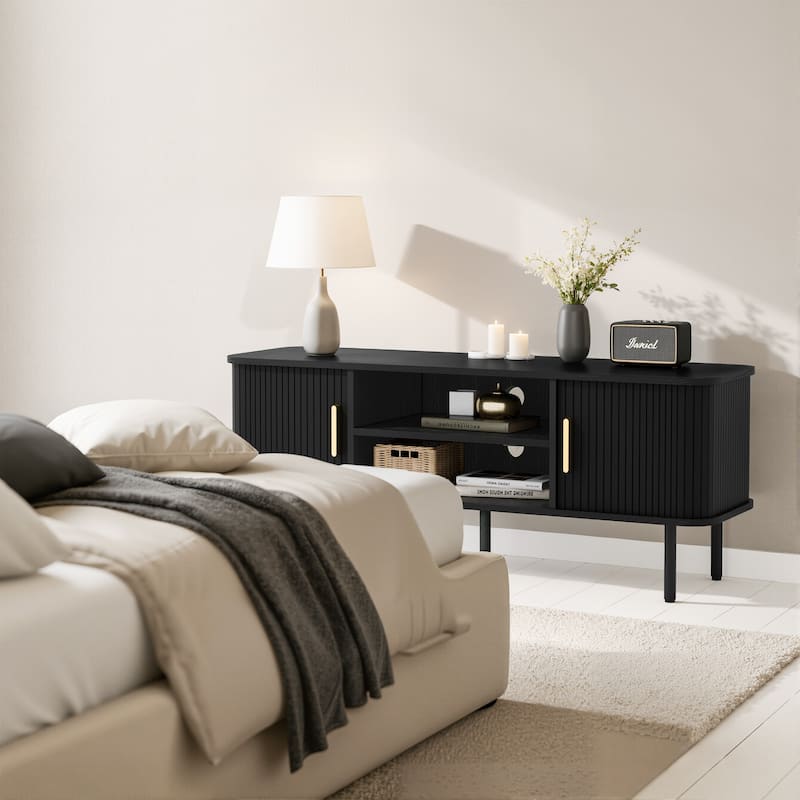 Mid-Century Modern Media Console, Tambour TV Stand with Storage Cabinet and Shelf