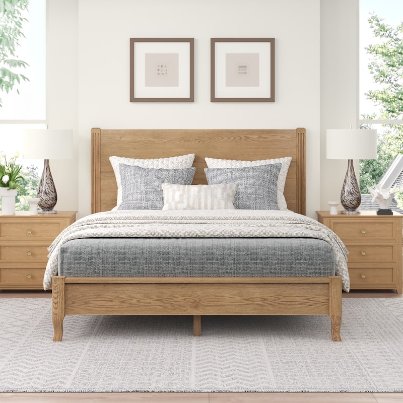 Solid Wood Panel Platform Bed with Headboard, Double Size Beds Wooden Rustic Bed Frame Bedroom Furniture - Natural - Queen