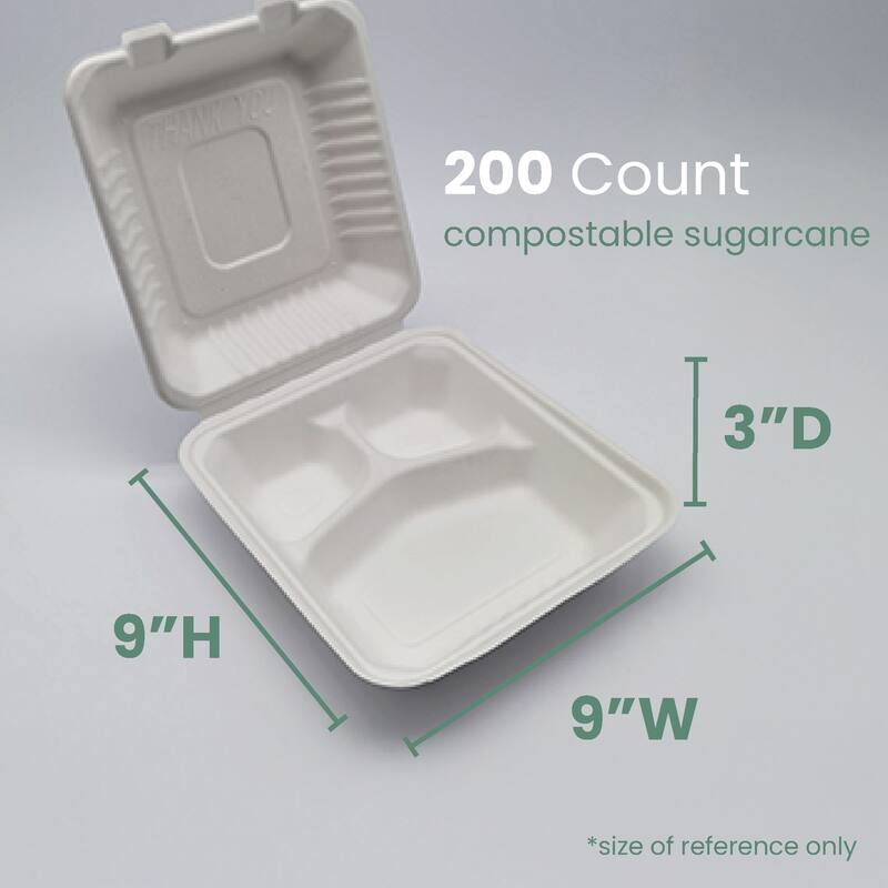 200-Count 3-Compartment Hinged White Take Out Containers - 9"