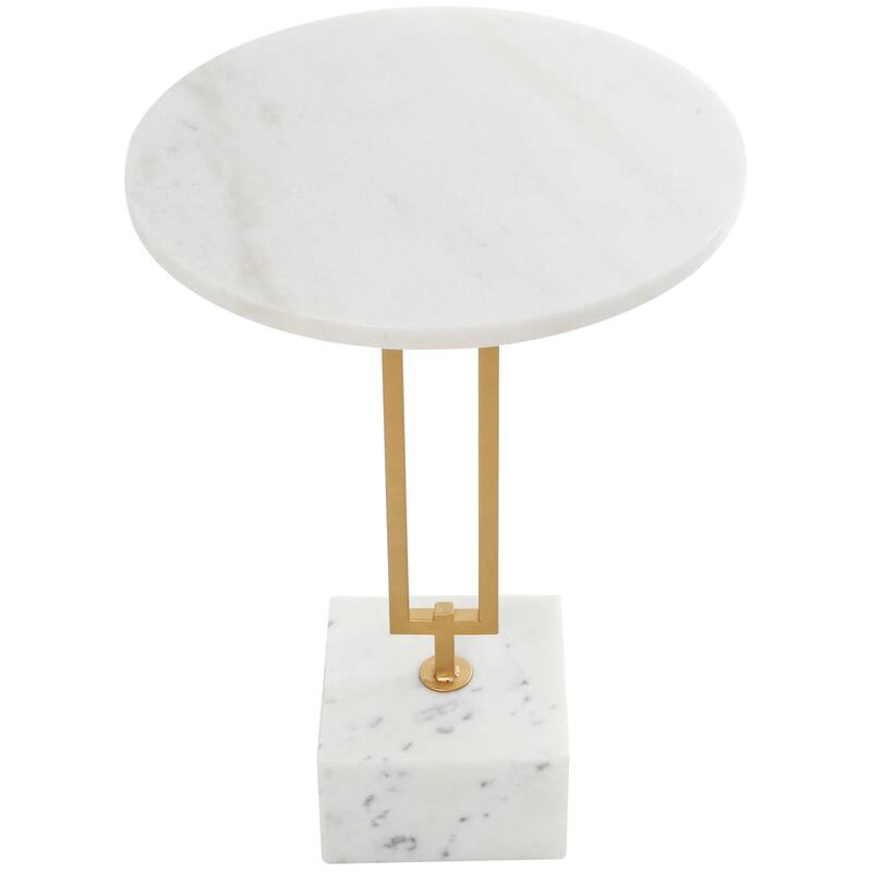 White Marble Geometric Accent Table with Gold Metal Rectangular Stand