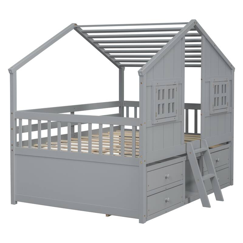Wood Full Size House Loft Bed with Roof, Windows,4 Storage Drawers