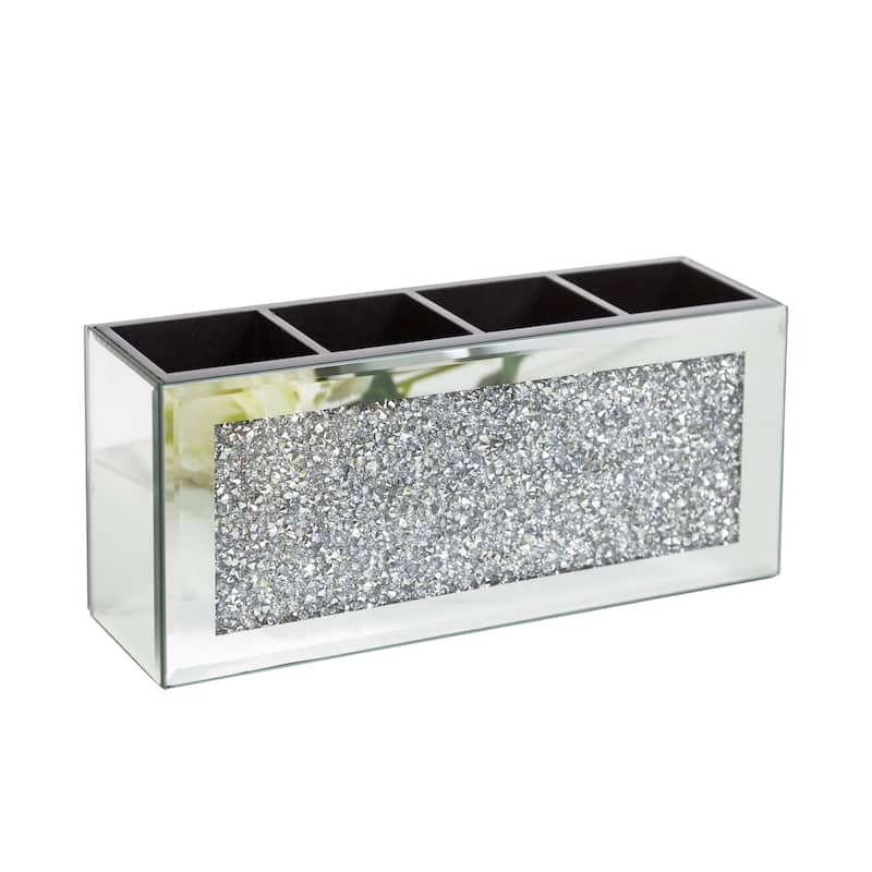9" Silver Mirrored Glass Four Section Jewelry Organizer With Faux Crystals