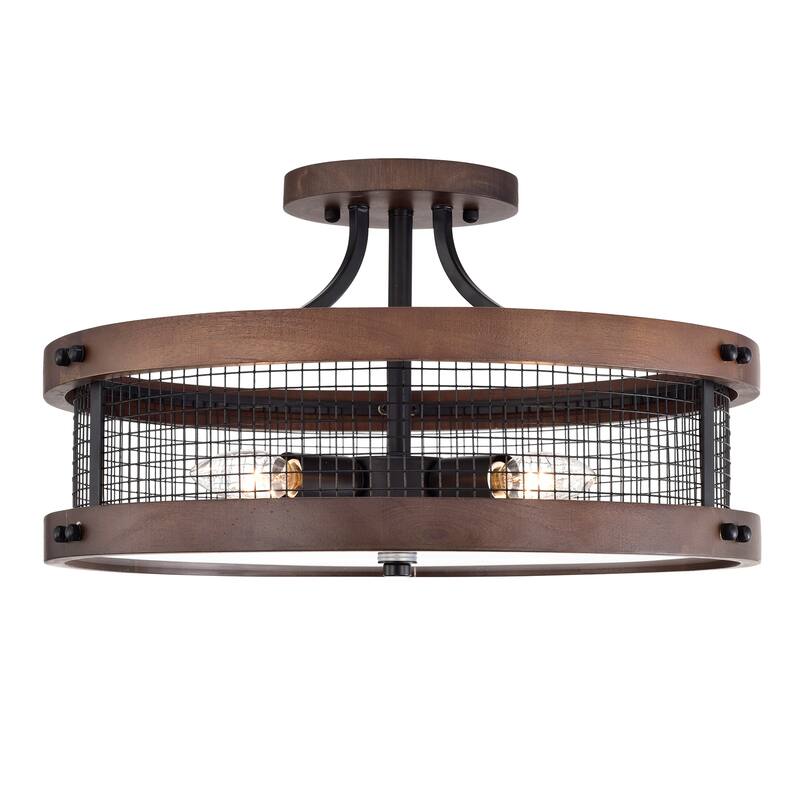 Cody Wood Grain+Matte Black 4-Light Geometric Metal Drum Shade Semi-Flush Mount
