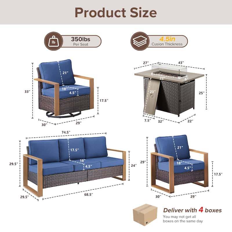 Meyreso Wicker Outdoor Patio Fire Pit Set with Swivel Gliders and Olefin Cushions