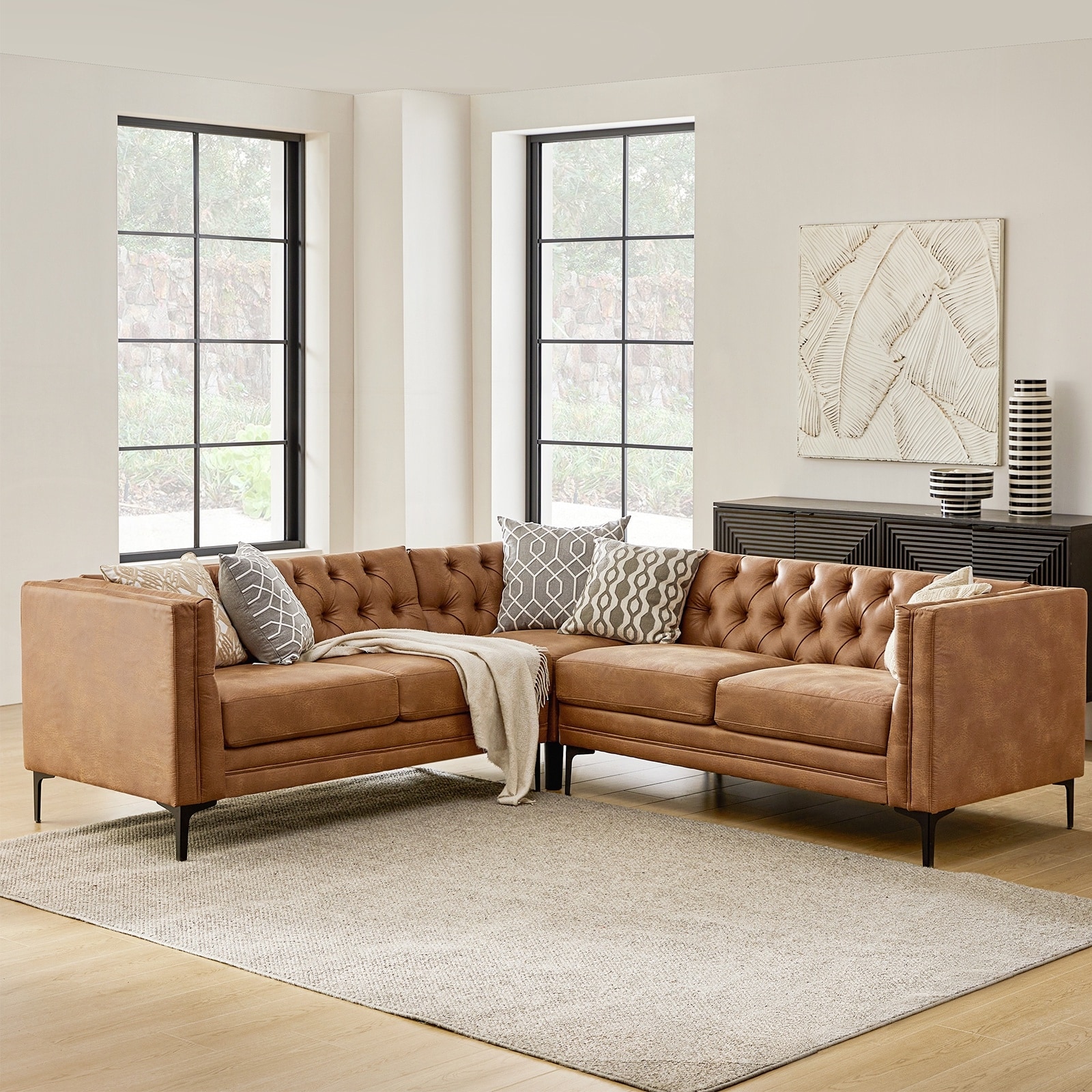 HULALA HOME Moira Transitional Genuine Leather Corner Sectional Sofa with Tufted Back and Metal Leg