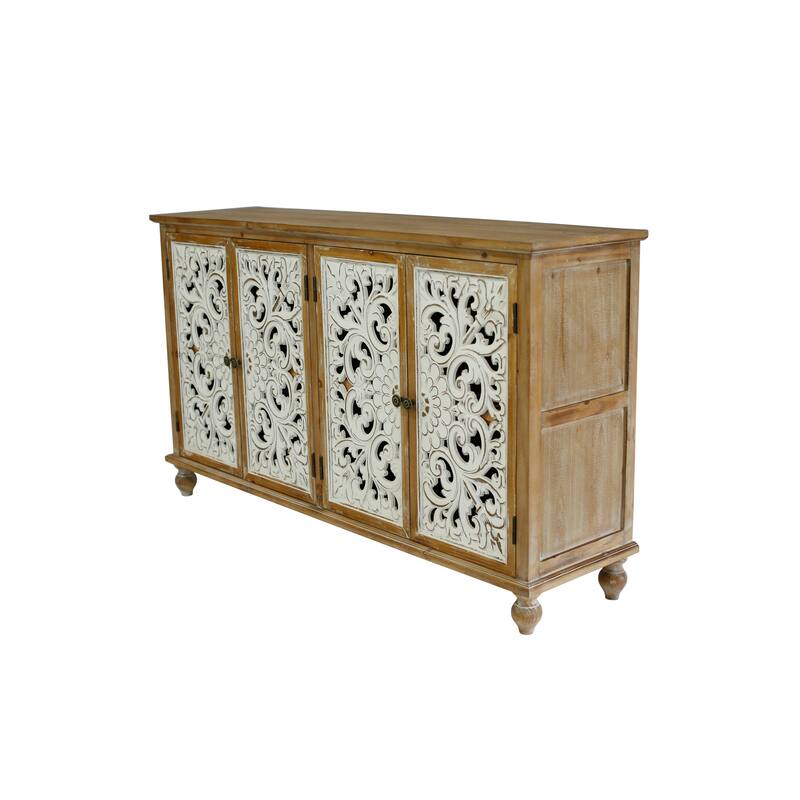 Sideboard with 4 Carved Doors, Multifunctional Wood Storage Cabinet, Coffee Bar Cabinet with Adjustable Shelves