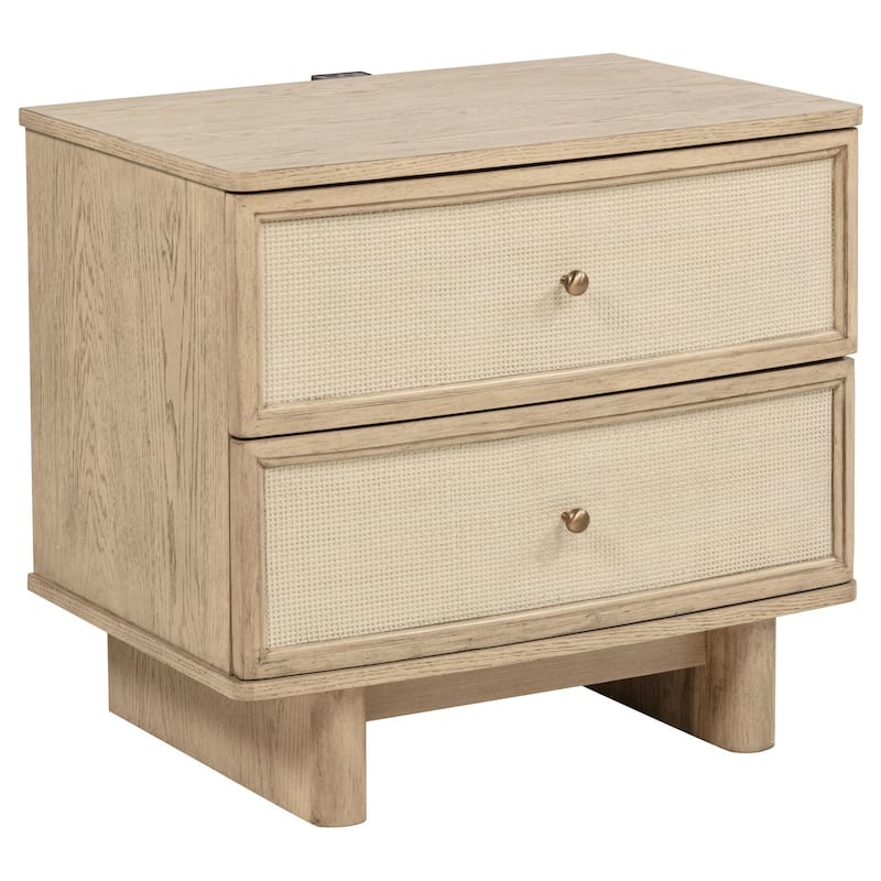 Lno Nightstand, 2 Cane Accent Drawers w Brass Knobs, USB, Oak Beige