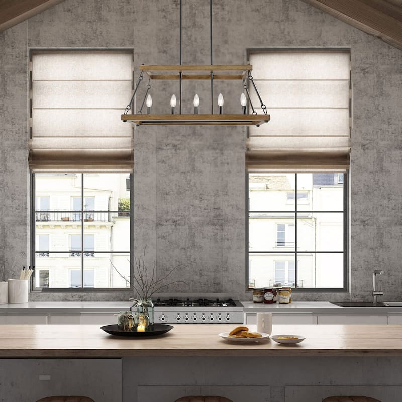 Farmhouse 5-Light Linear Chandelier Wood Grain Island Lights for Dining Room - L 30"x W 12"x H 12.5"