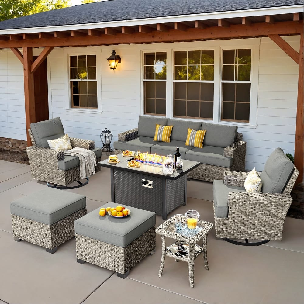 OVIOS 9 Pieces T shaped Seat Wide Armrest Swivel Chair Set With Fire Pit