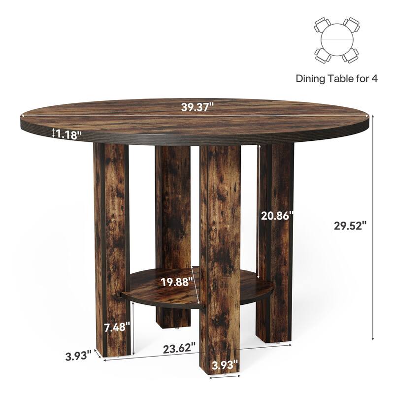 39-Inch Small Farmhouse Round Dining Table with Storage for 4