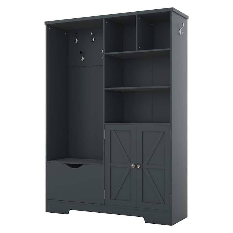 Multi-functional Hall Tree with Storage Shelves Drawers and Cabinet, Elegant Hallway Shoe Cabinet with Bench, Modern Coat Rack