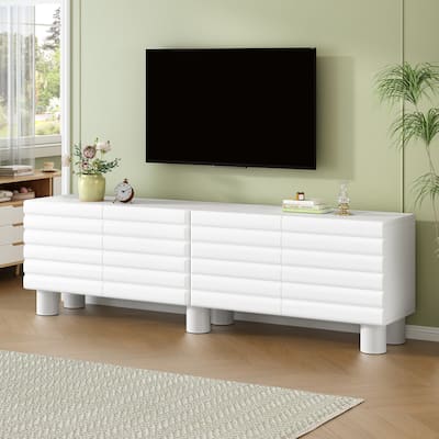 Stylish Wavy Door TV Stand with 4 Cabinets, Adjustable Shelves & Cable Holes, Solid Color Media Console for TVs Up to 75"