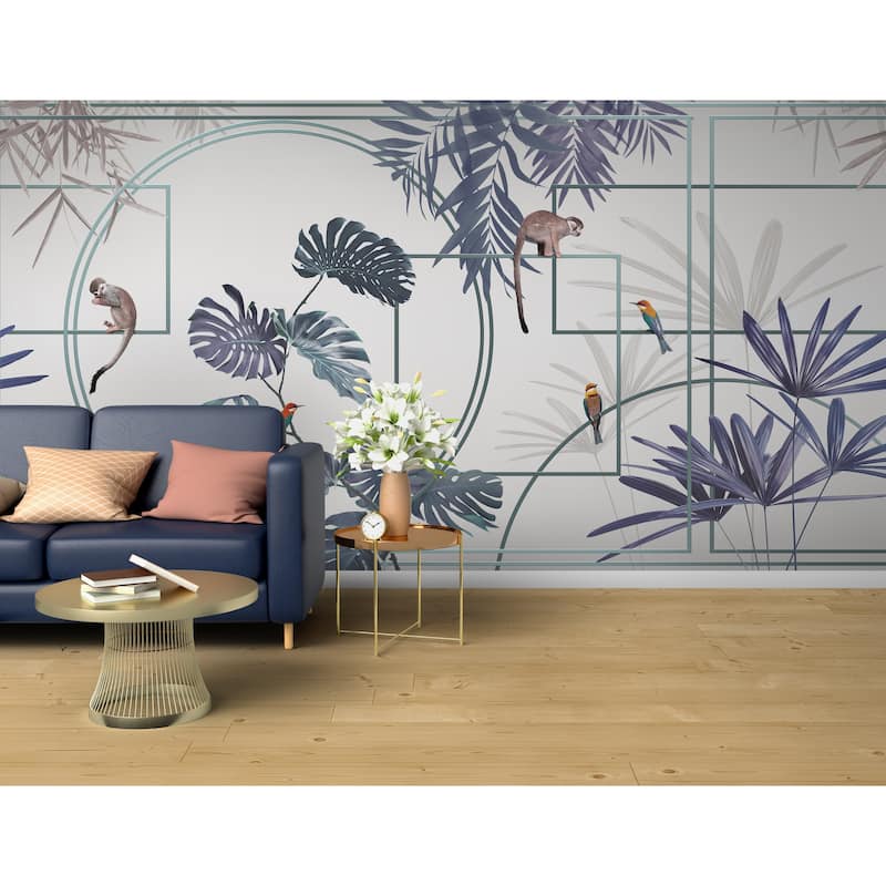 Modern Tropical Jungle Wallpaper Mural with Monkeys and Exotic Birds - Blue - W:225" x H:118"