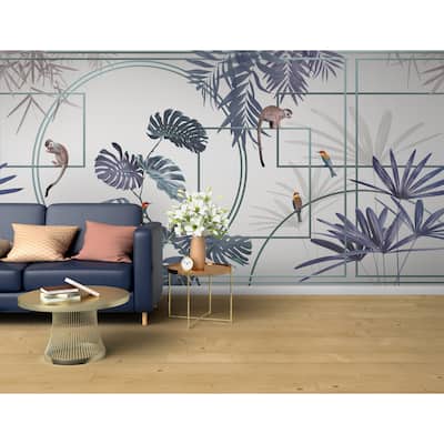 Modern Tropical Jungle Wallpaper Mural with Monkeys and Exotic Birds