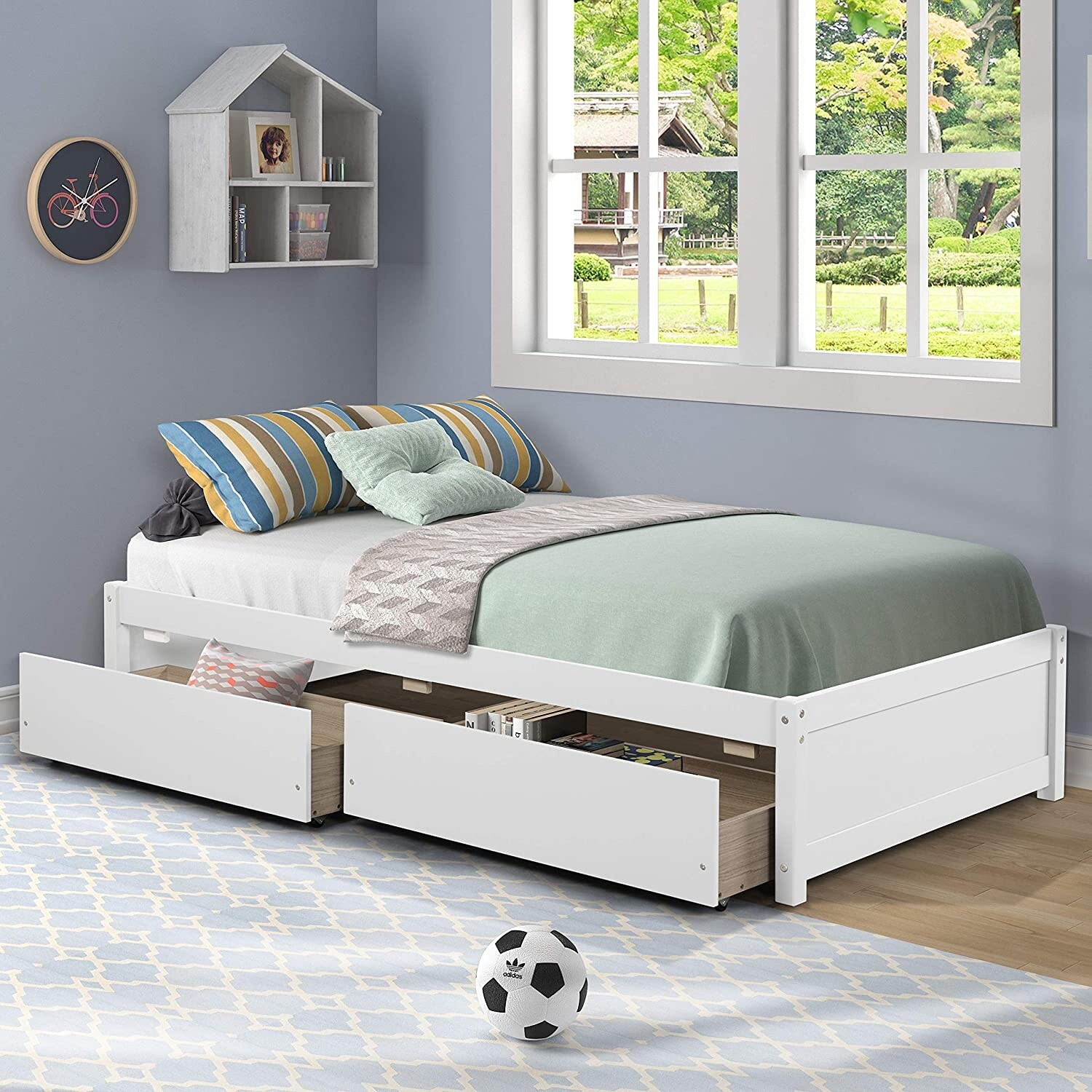 Twin Platform Bed Frame with 2 Storage Drawers Wood Twin Bed Frames for Kids Toddler Girls Boys