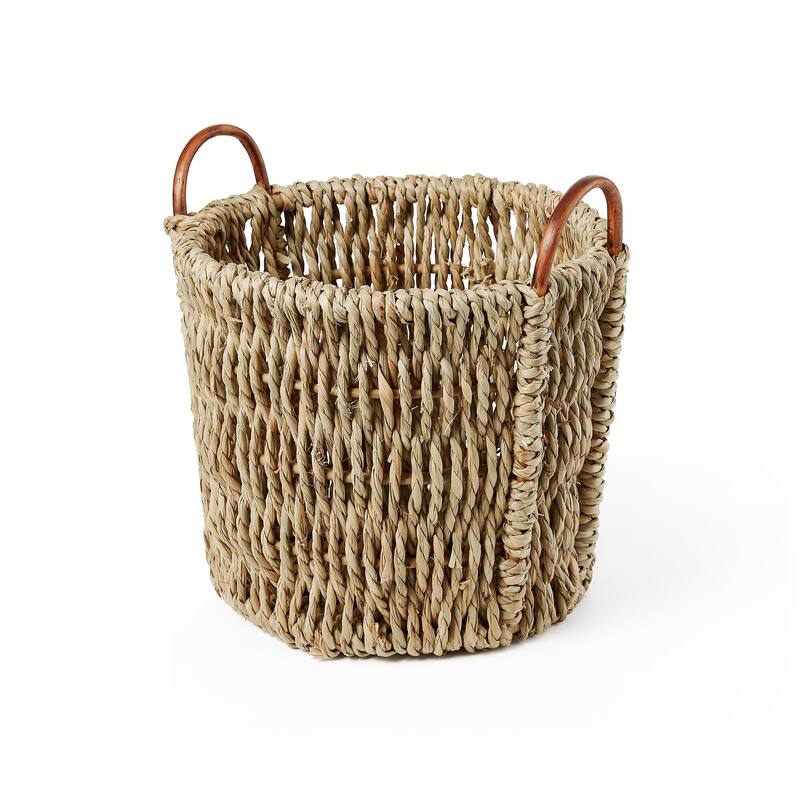 Set Of Two Chunk Seagrass Baskets with Rattan Ear Handles Natural