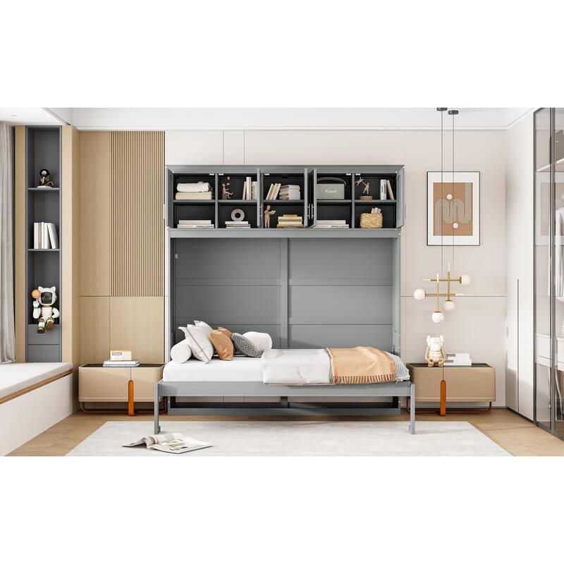 Gray Full Size Modern Style Multi-function Murphy Bed with Top Cabinets for Small Apartment or Studio