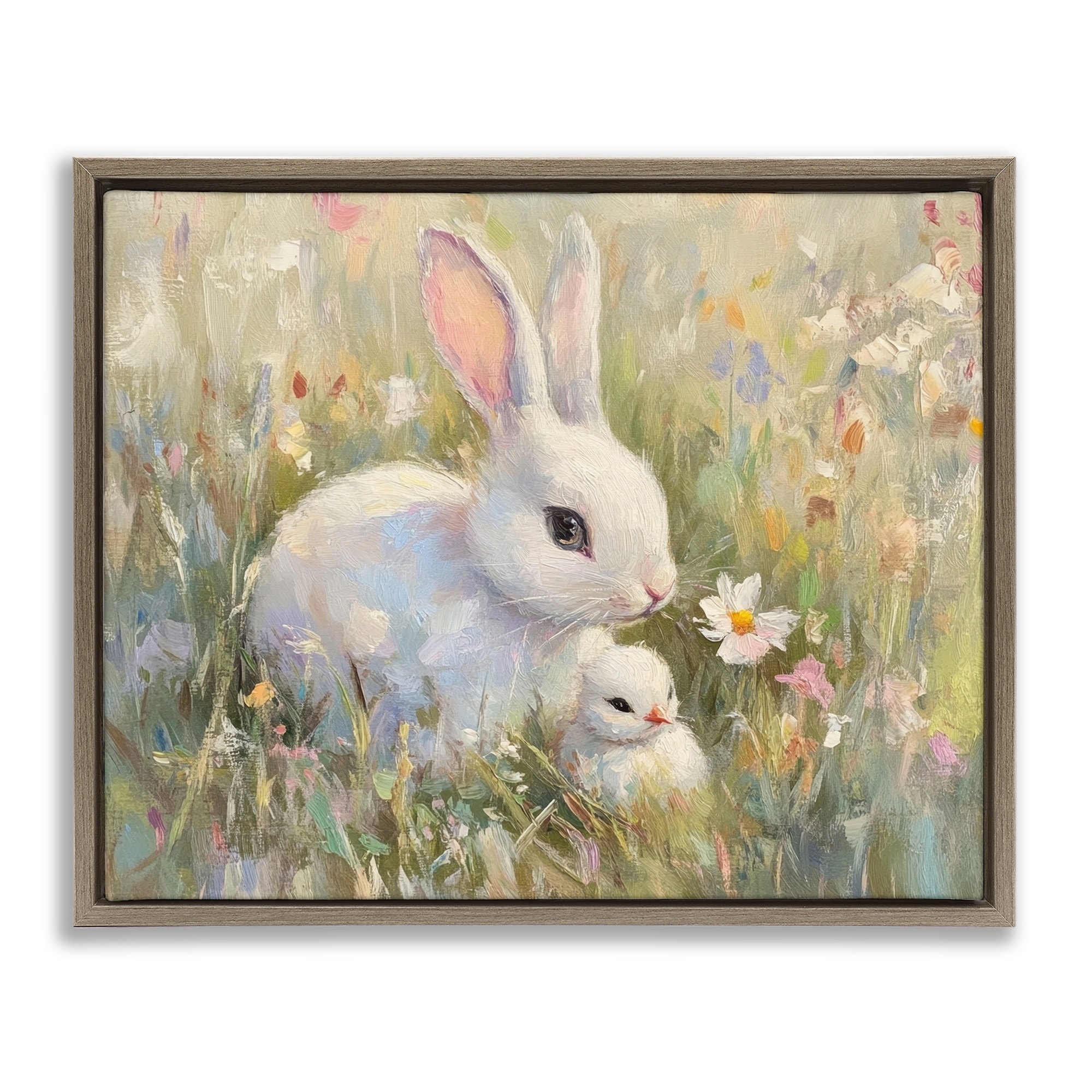 Stupell White Rabbit Easter and Flowers Framed Floater Canvas Wall Art Design By Petal Prints Design